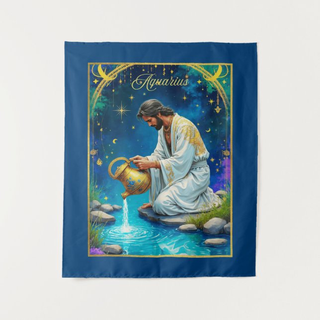 Aquarius Zodiac Sign Under a Starry Sky Tapestry (Front)