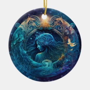Aquarius Zodiac Sign Watercolor Design Ceramic Ornament