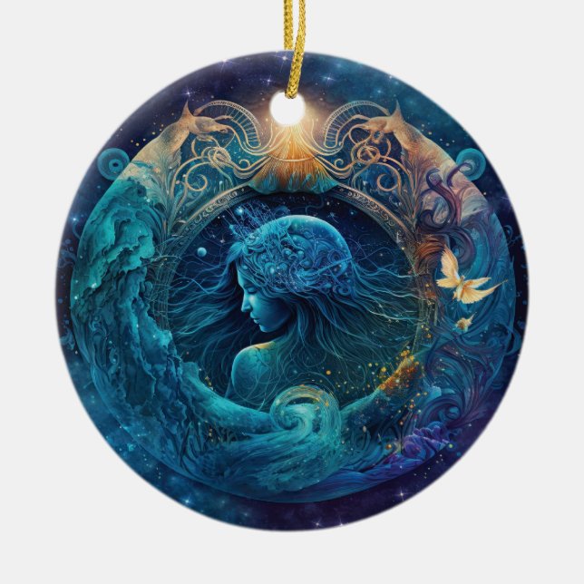 Aquarius Zodiac Sign Watercolor Design Ceramic Ornament (Front)