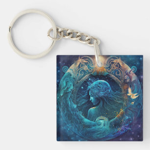 Aquarius Zodiac Sign Watercolor Design Key Ring