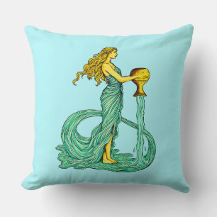 Aquarius Zodiac Sign, Woman with Flowing Water Cushion