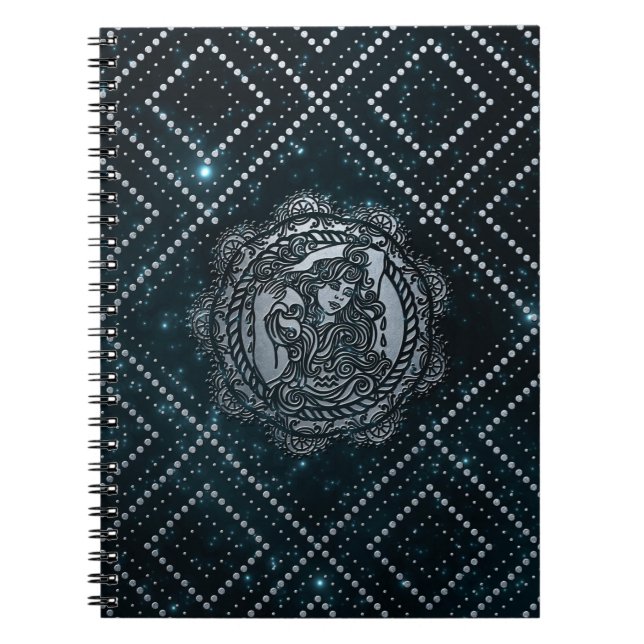 Aquarius Zodiac Silver Embossed on the Star sky Notebook (Front)