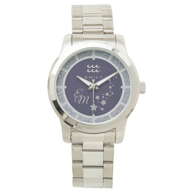 Aquarius Zodiac Silver Glitter Dark Blue Monogram Watch (Front)