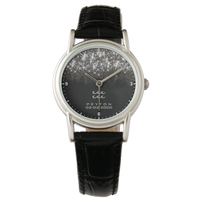 Aquarius Zodiac Silver Glitter Stars Birth Date Watch (Front)