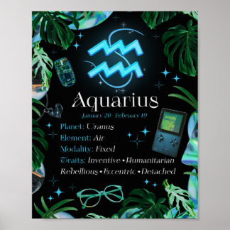 Aquarius Zodiac Star Sign Y2K Black Poster