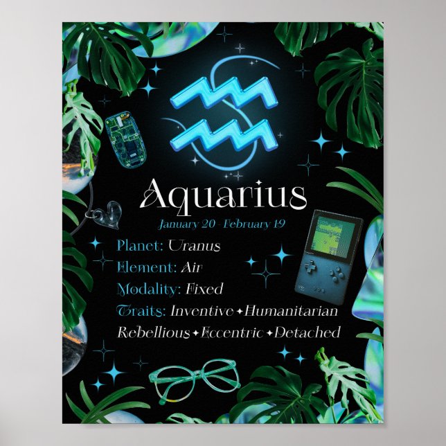 Aquarius Zodiac Star Sign Y2K Black Poster (Front)