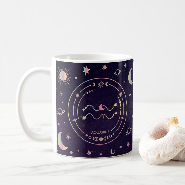Aquarius zodiac sun moon stars nutrition facts coffee mug (With Donut)