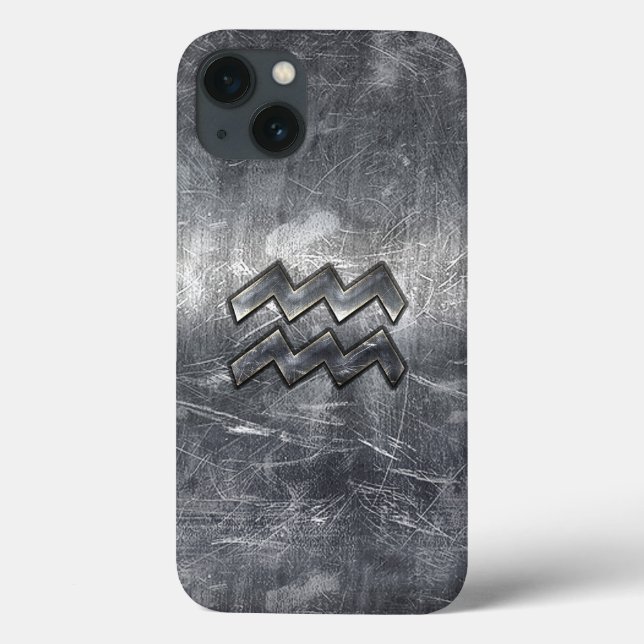 Aquarius Zodiac Symbol Distressed Silver Steel Case-Mate iPhone Case (Back)