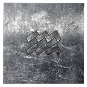 Aquarius Zodiac Symbol Distressed Silver Steel Tile