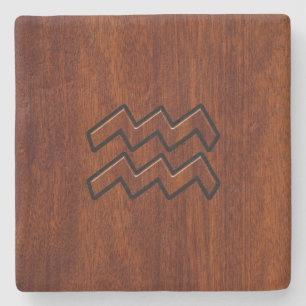 Aquarius Zodiac Symbol Mahogany Style Stone Coaster