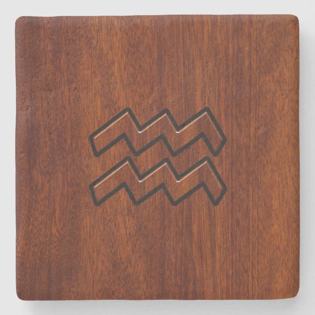 Aquarius Zodiac Symbol Mahogany Style Stone Coaster (Front)