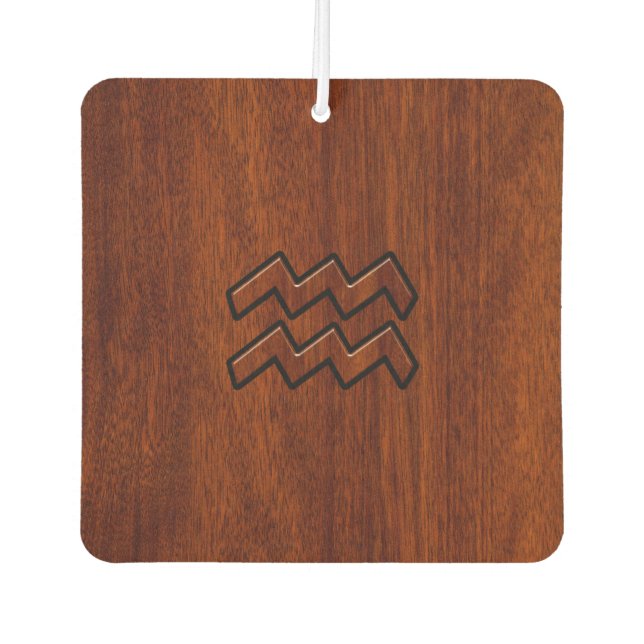 Aquarius Zodiac Symbol Mahogany Wood Style Car Air Freshener (Front)