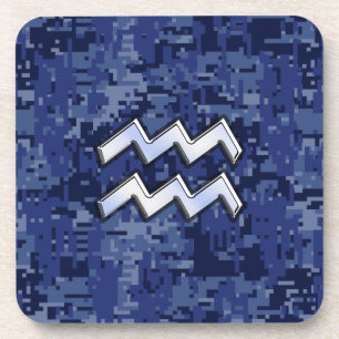 Aquarius Zodiac Symbol on blue digital camo decor Coaster