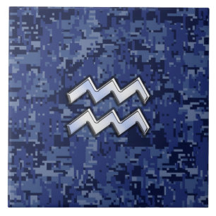 Aquarius Zodiac Symbol on blue digital camo decor Tile