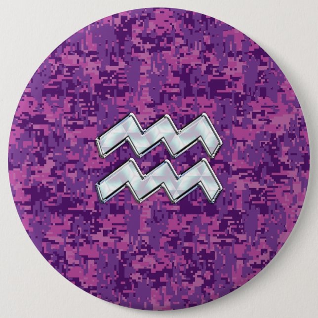 Aquarius Zodiac Symbol on fuchsia digital camo 6 Cm Round Badge (Front)