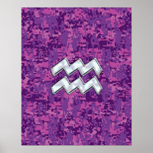 Aquarius Zodiac Symbol on fuchsia digital camo Poster