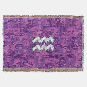 Aquarius Zodiac Symbol on fuchsia digital camo Throw Blanket