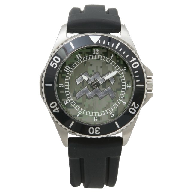 Aquarius Zodiac Symbol on Green Camouflage Dial Watch (Front)