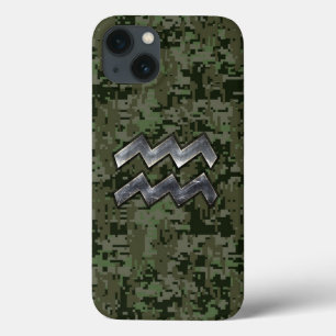 Aquarius Zodiac Symbol on Green Digital Camouflage iPhone 13 Case