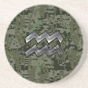 Aquarius Zodiac Symbol on Green Digital Camouflage Coaster