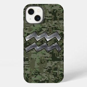 Aquarius Zodiac Symbol on Green Digital Camouflage iPhone 13 Case