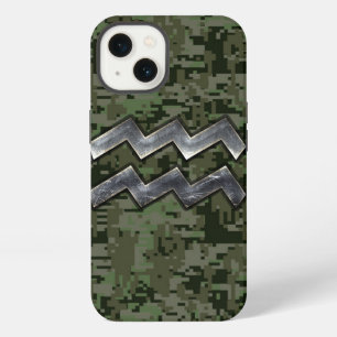 Aquarius Zodiac Symbol on Green Digital Camouflage iPhone Case