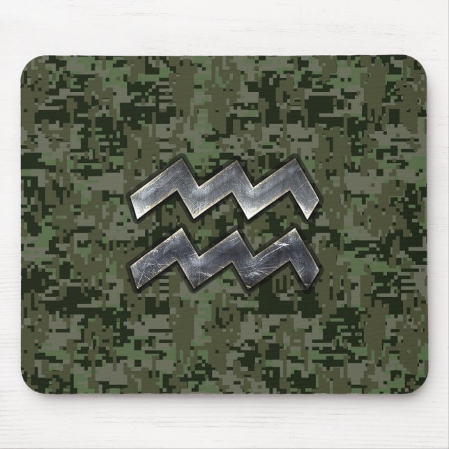 Aquarius Zodiac Symbol on Green Digital Camouflage Mouse Pad (Front)