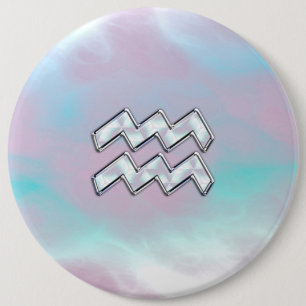 Aquarius Zodiac Symbol on Mother of Pearl Nacre 6 Cm Round Badge
