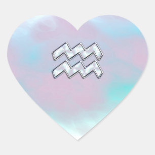 Aquarius Zodiac Symbol on Mother of Pearl Nacre Heart Sticker