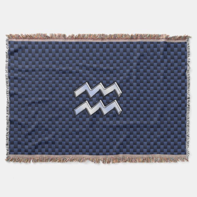 Aquarius Zodiac Symbol on Navy Blue Carbon Fiber Throw Blanket (Front)