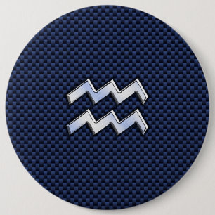 Aquarius Zodiac Symbol on Navy Blue Carbon Fibre 6 Cm Round Badge