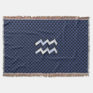 Aquarius Zodiac Symbol on Navy Blue Carbon Fibre Throw Blanket