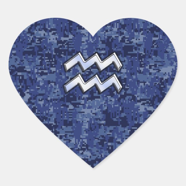 Aquarius Zodiac Symbol on navy blue digital camo Heart Sticker (Front)