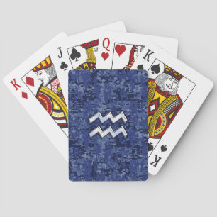 Aquarius Zodiac Symbol on navy blue digital camo Playing Cards
