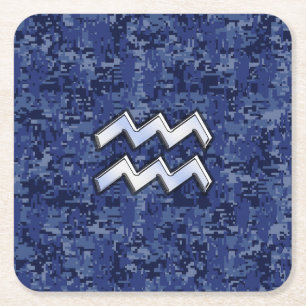 Aquarius Zodiac Symbol on navy blue digital camo Square Paper Coaster