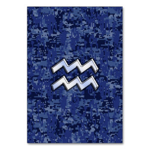 Aquarius Zodiac Symbol on navy blue digital camo Table Number