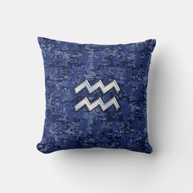 Aquarius Zodiac Symbol on Navy Digital Camouflage Cushion (Front)