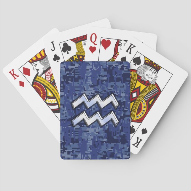 Aquarius Zodiac Symbol on Navy Digital Camouflage Playing Cards (Back)