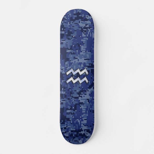 Aquarius Zodiac Symbol on Navy Digital Camouflage Skateboard (Front)