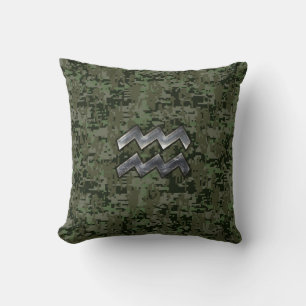 Aquarius Zodiac Symbol on olive green digital camo Cushion