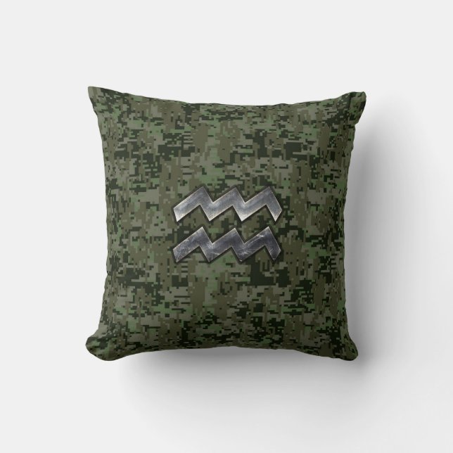 Aquarius Zodiac Symbol on olive green digital camo Cushion (Front)
