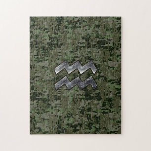 Aquarius Zodiac Symbol on olive green digital camo Jigsaw Puzzle