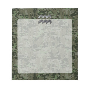 Aquarius Zodiac Symbol on olive green digital camo Notepad