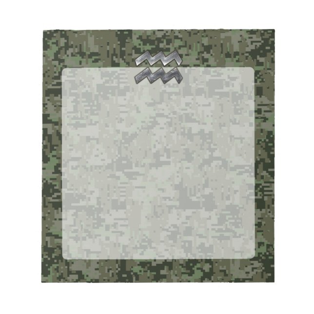Aquarius Zodiac Symbol on olive green digital camo Notepad (Front)