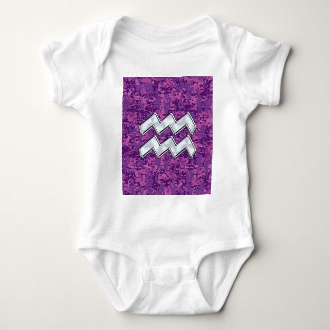Aquarius Zodiac Symbol on Pink Digital Camouflage Baby Bodysuit (Front)