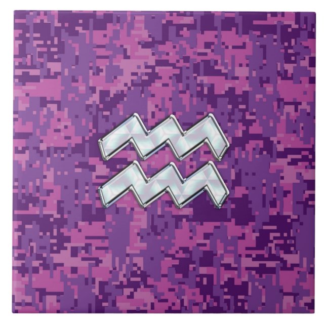 Aquarius Zodiac Symbol on Pink Digital Camouflage Ceramic Tile (Front)