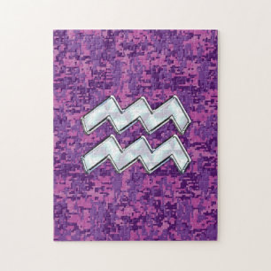 Aquarius Zodiac Symbol on Pink Digital Camouflage Jigsaw Puzzle