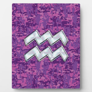 Aquarius Zodiac Symbol on Pink Digital Camouflage Plaque