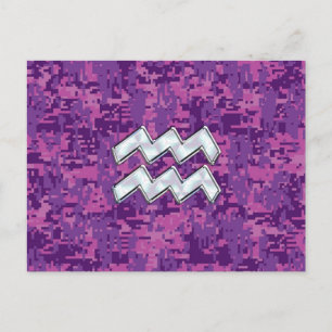 Aquarius Zodiac Symbol on Pink Digital Camouflage Postcard