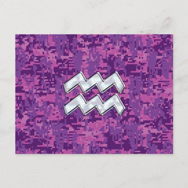 Aquarius Zodiac Symbol on Pink Digital Camouflage Postcard (Front)